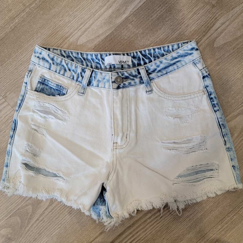 Women's Distressed Denim Shorts - White and Blue